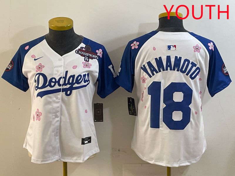 Youth Los Angeles Dodgers #18 Yamamoto White Blue Sakura Edition 2025 Nike MLB Jersey style 2